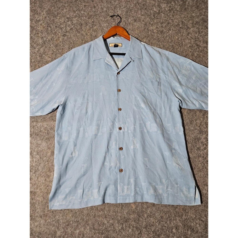 Tommy Bahama Camp Shirt Mens Large Blue Silk Hula Girl Martini Glass Jacquard
